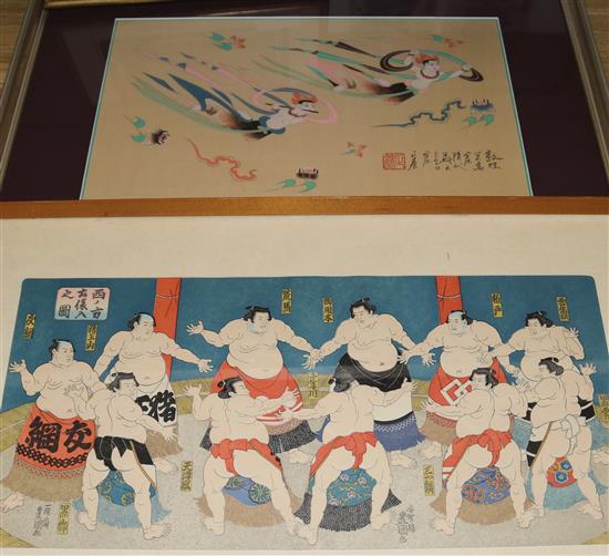 Four Japanese pictures - Sumo and Samuri Largest 28 x 41cm